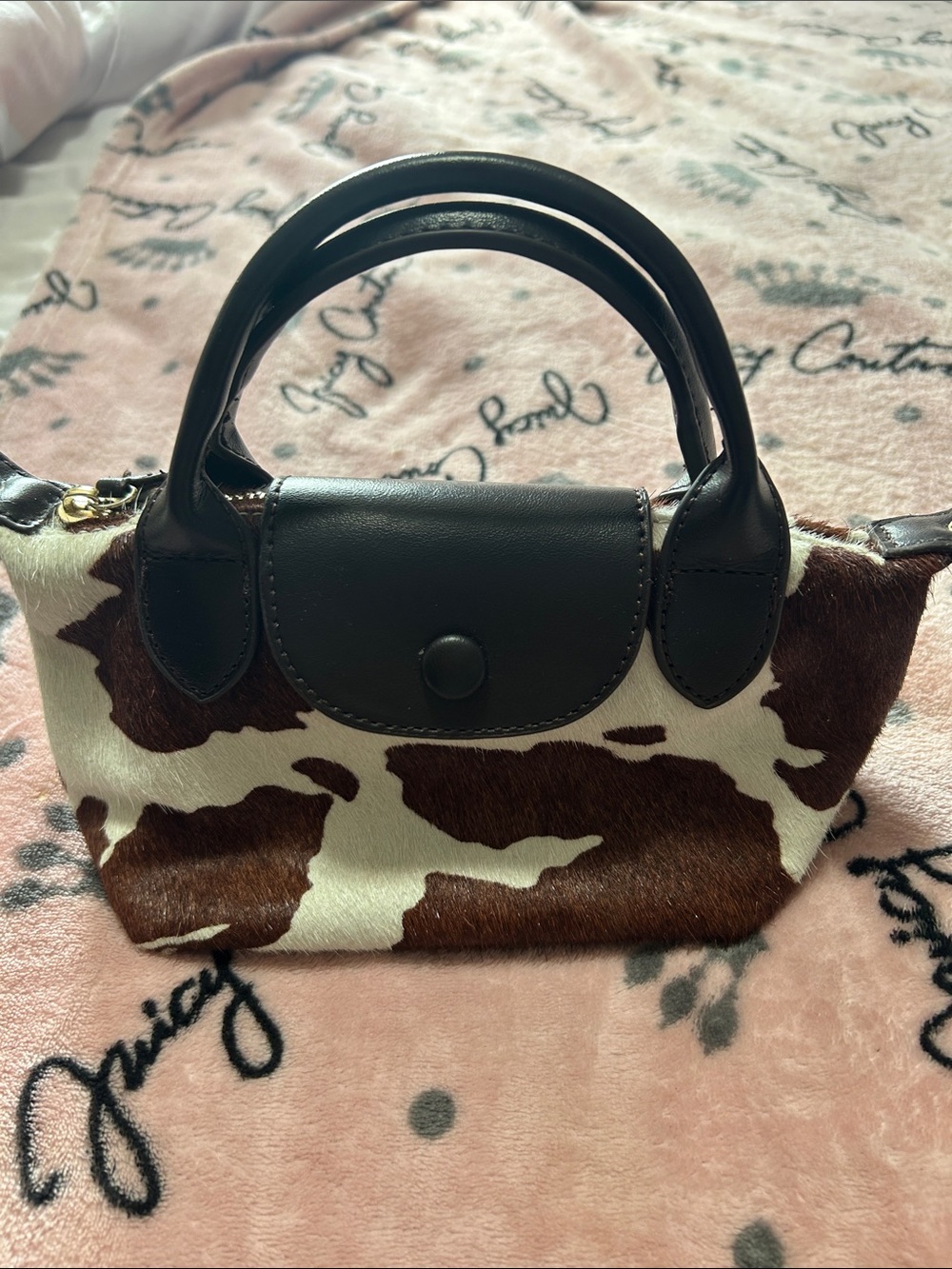 Brown and White Cowhide Mini Satchel Bag